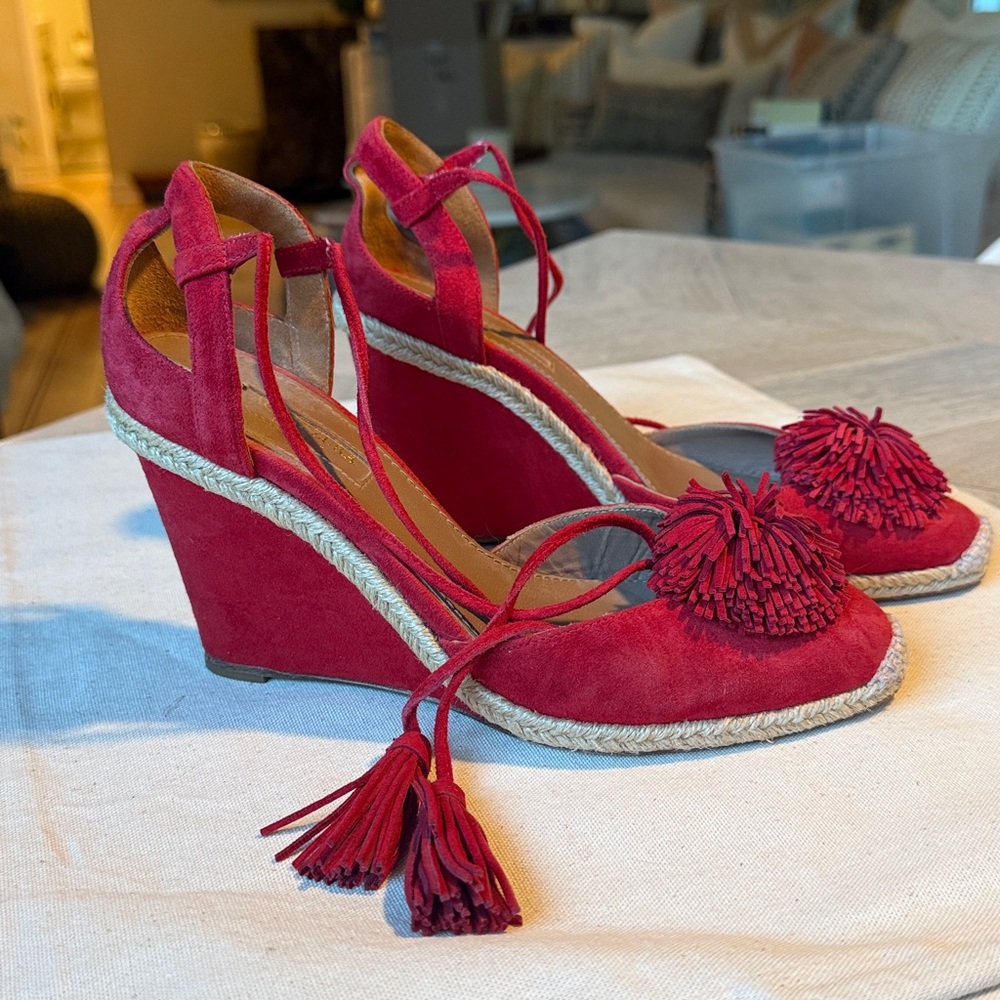 AQUAZZURA Sunshine Pompom Red Suede Wedge Sandal Espadrille US 7/7.5 / EU 37.5 - Picture 7 of 10